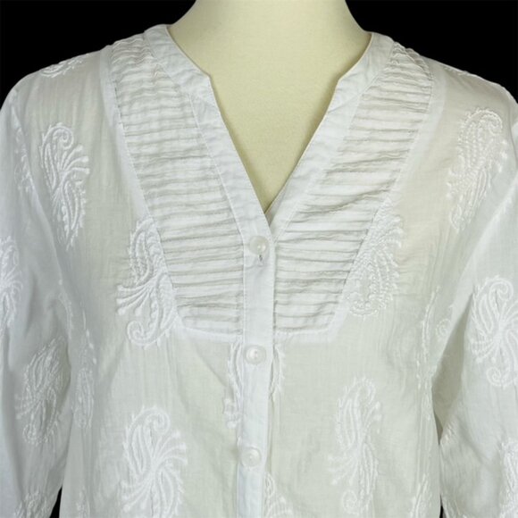 Alfred Dunner 3/4 Sleeve Sheer Top Sz 16P White Embroidered Pintuck Gauzy Beach - Picture 1 of 6